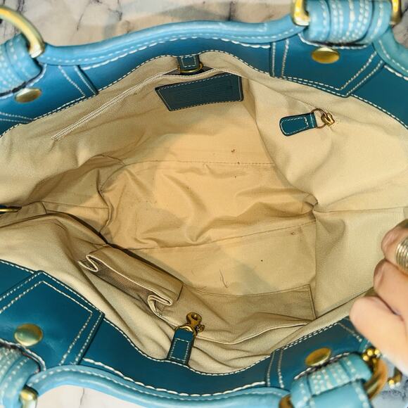 Vintage Coach Bleecker Natural Straw Tote Bag Teal Leather Boho Chic 15x13" Y2K - Picture 6 of 11